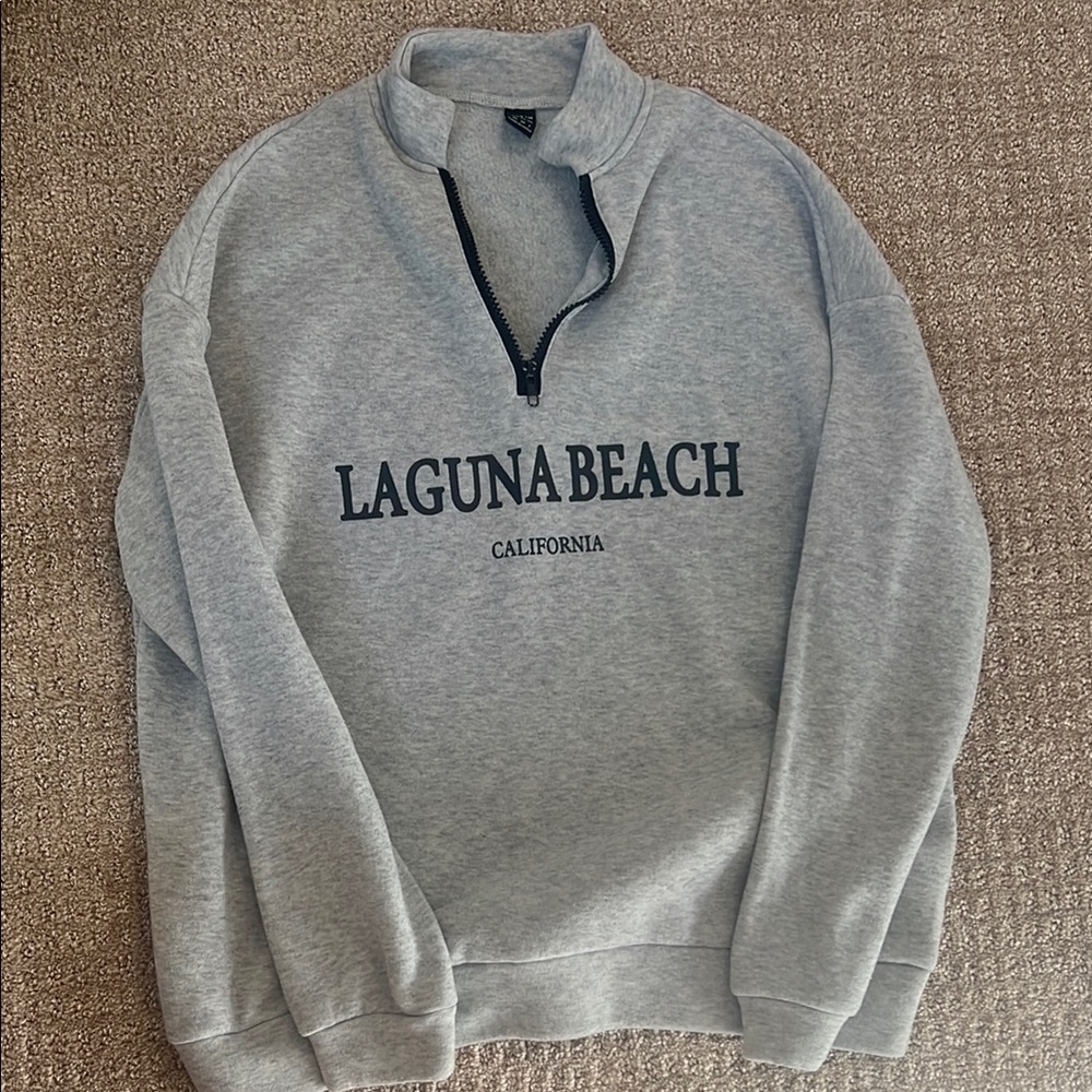 SHEIN Gray Zip Up Sweater with Laguna Beach Design
